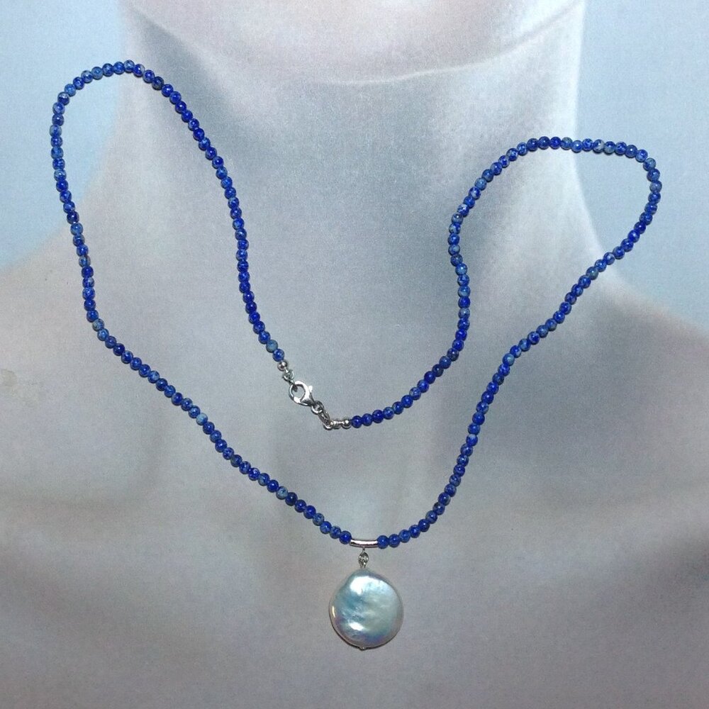 Lapis Beads with Freshwater Circle Flat Pearl Necklace